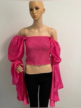 Dramatic Sleeves Hot Pink Off-Shoulder Smocked Crop Top Blouse